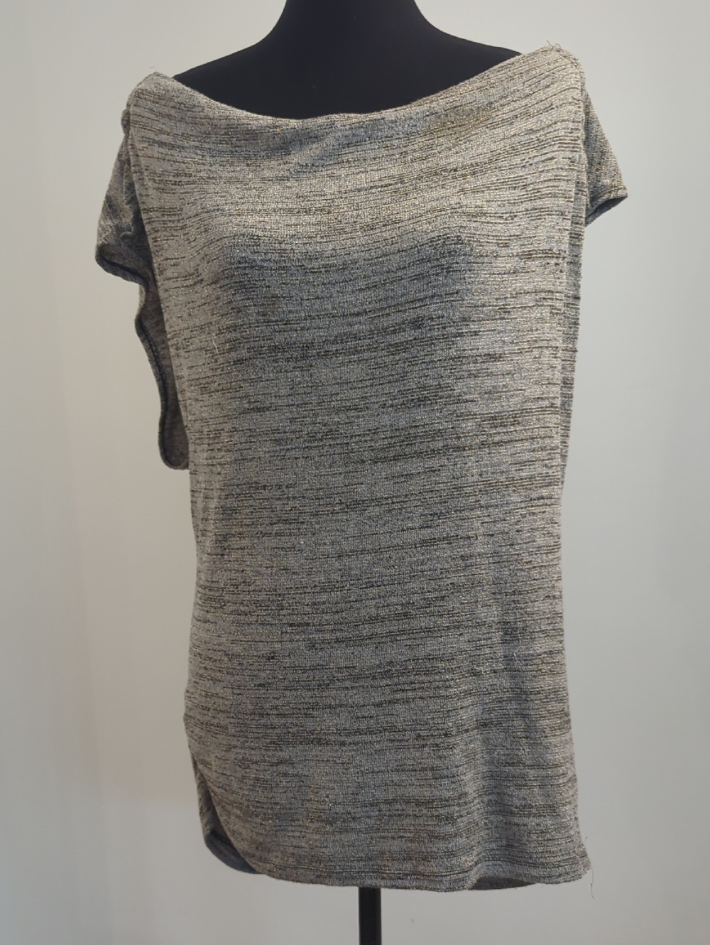 Grey Space Dye Boatneck Long Knit Tunic Dress Cap Sleeve Knit